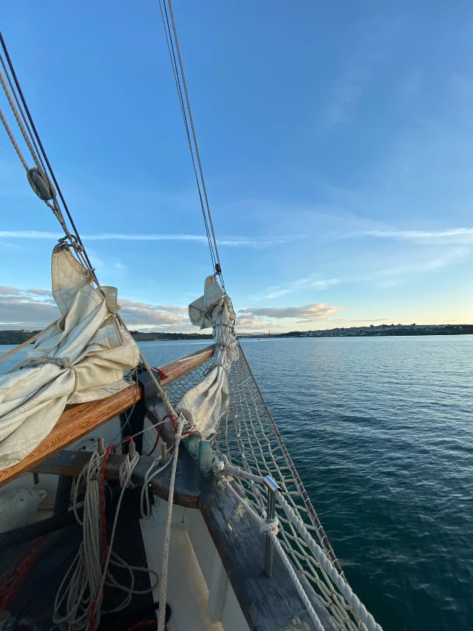 Tectona's bowsprit and rope netting point out over calm water towards the Tamar bridges under a clear evening sky, sails furled.