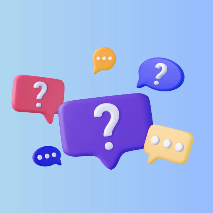 Colourful 3D speech bubbles with question marks and dots, from the campaign poster.