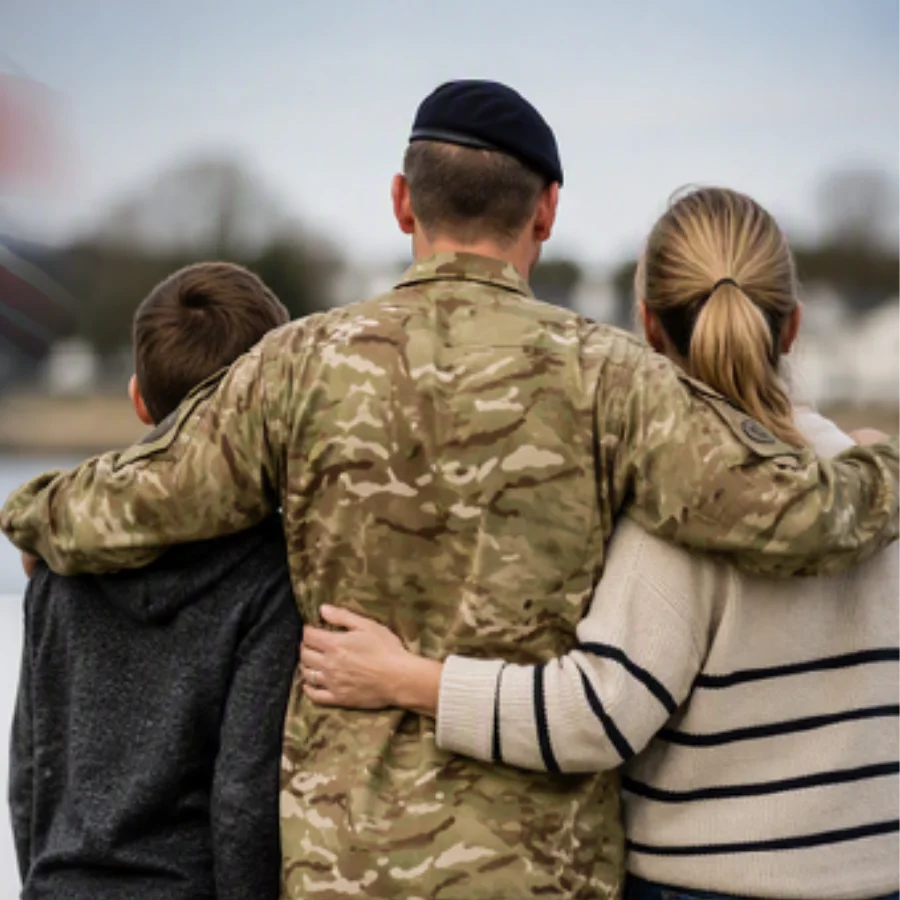 A serviceman in camouflage, seen from behind, with his arms around a boy and a woman as they look out over water.
