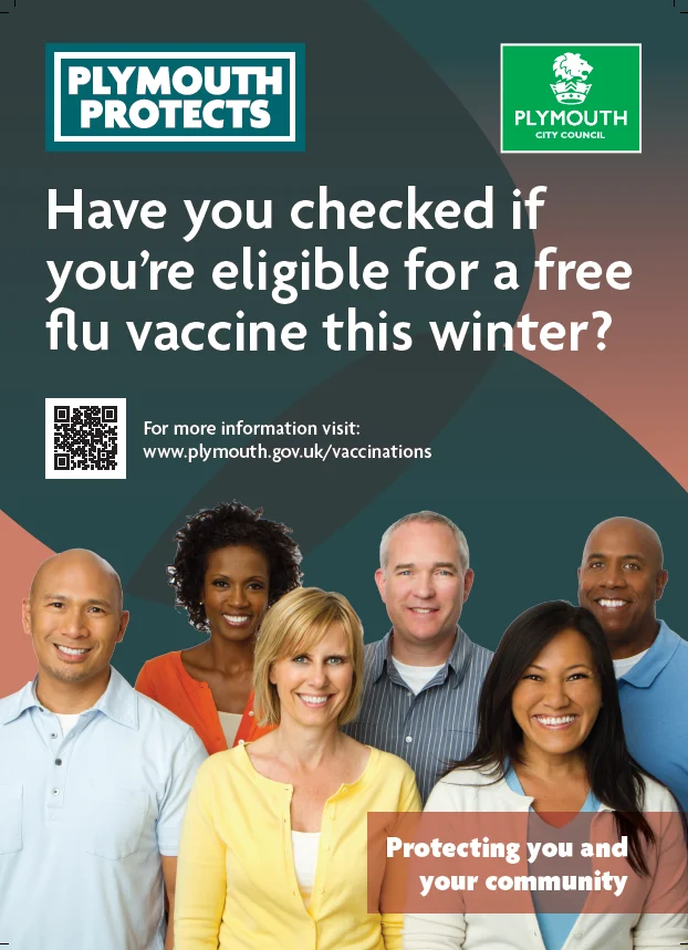 Plymouth Protects poster from Plymouth City Council: 'Have you checked if you're eligible for a free flu vaccine this winter?' above a group of six smiling adults, with a QR code and www.plymouth.gov.uk/vaccinations.