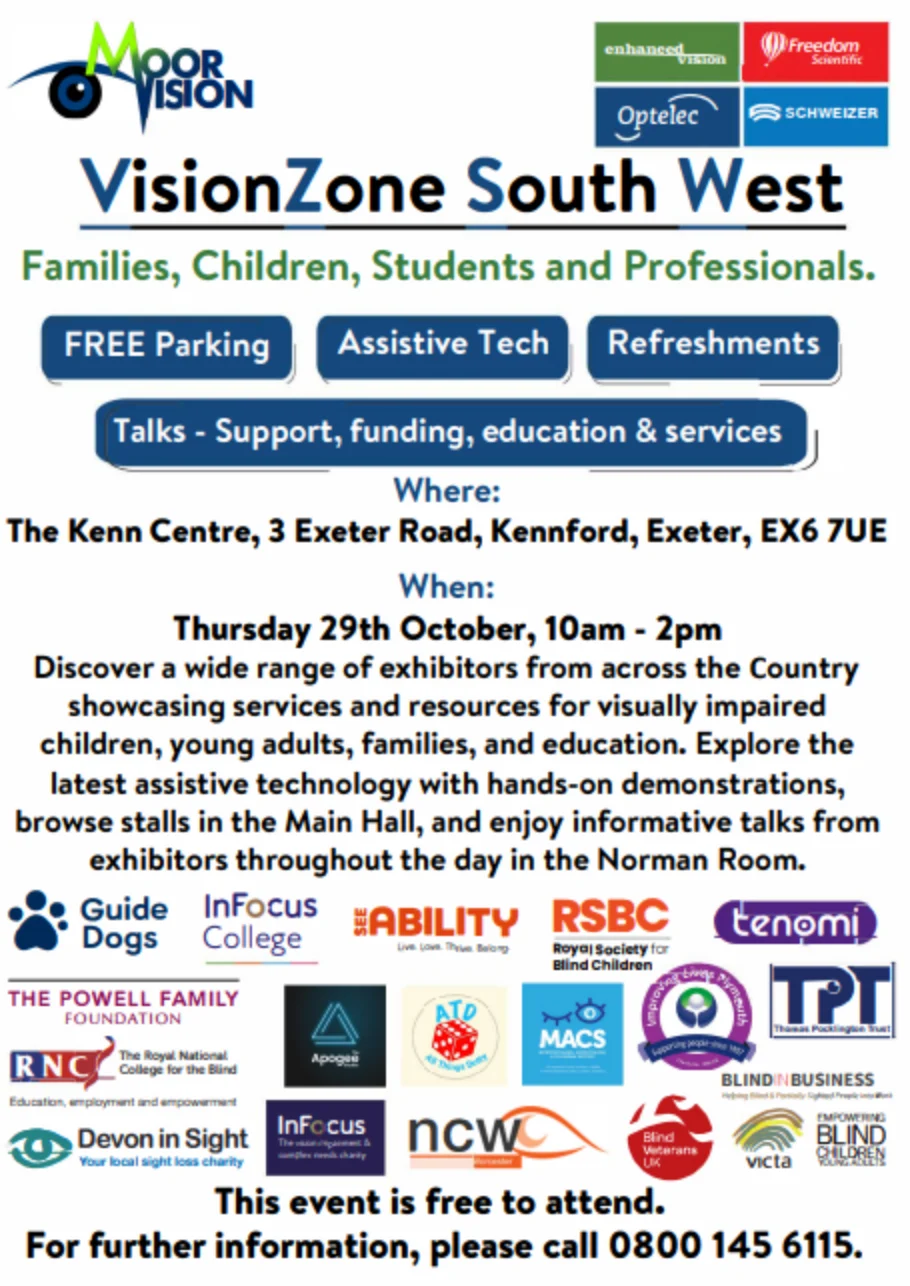 VisionZone South West 2026 flyer: Thursday 29 October, 10am to 2pm at the Kenn Centre, Exeter, with exhibitor logos including Guide Dogs, RNIB, RSBC and Blind Veterans UK.