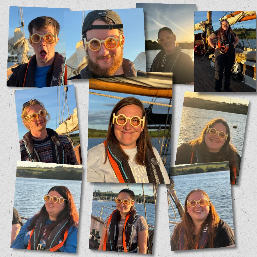 A collage of ten portraits of young people and staff on deck, each wearing round orange-lensed motion-sickness glasses and pulling faces in the evening sun.