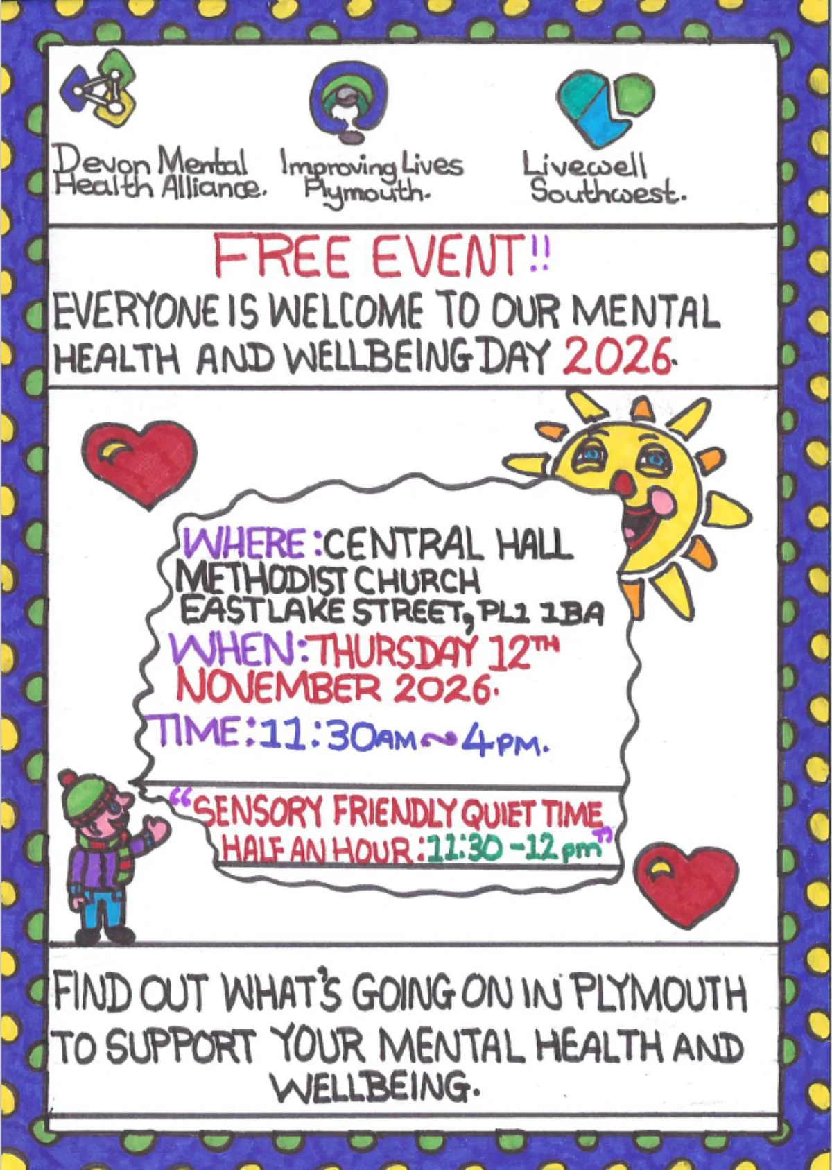 The full hand-drawn Mental Health and Wellbeing Day 2026 poster.